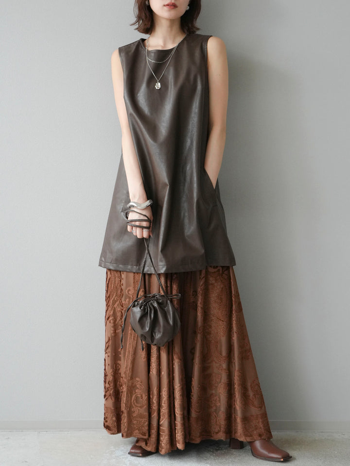 [予約]アンティーク柄フロッキーマキシスカート/ブラウン