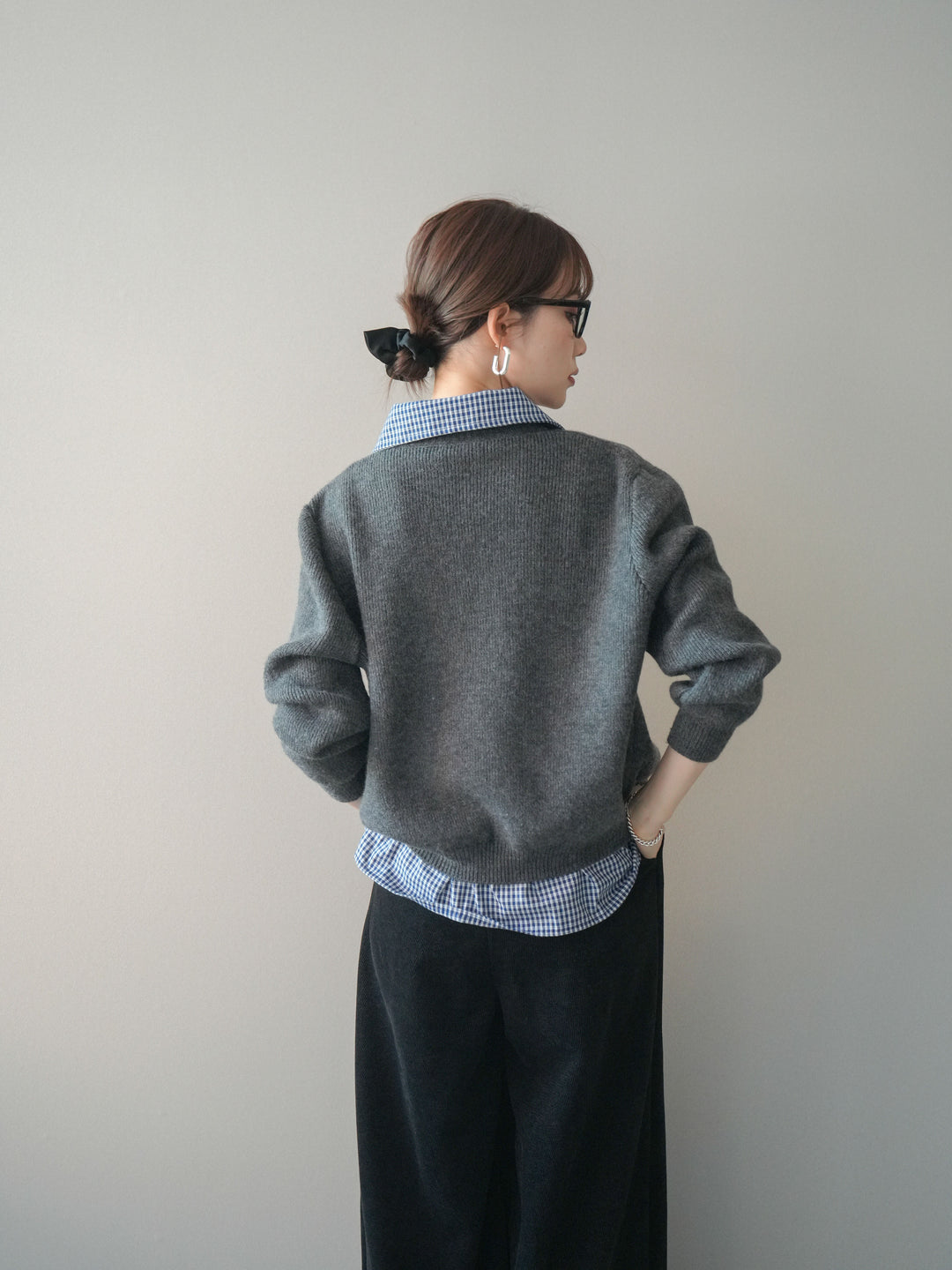 [SET]チェックシャツ襟ニットカーディガン+ベルトデザインループコールテンワイドパンツ(ベルト付き)(2set)