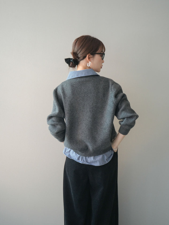 [SET]チェックシャツ襟ニットカーディガン+ベルトデザインループコールテンワイドパンツ(ベルト付き)(2set)