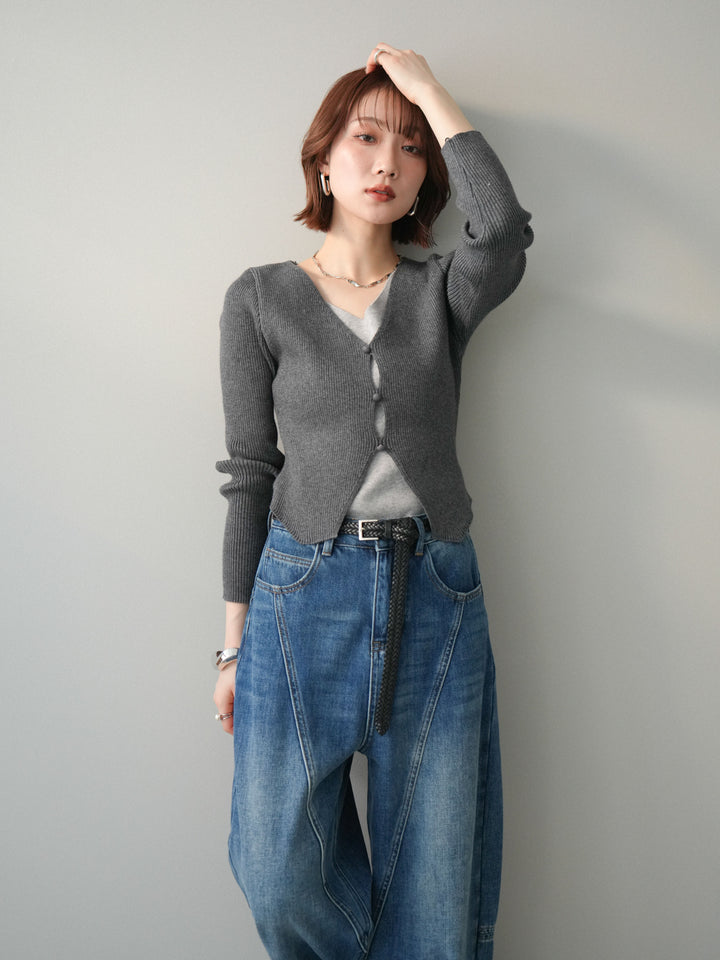 [SET]Vネック配色レイヤードスリットニットトップス+裏起毛加工デニムカーブパンツ(2set)