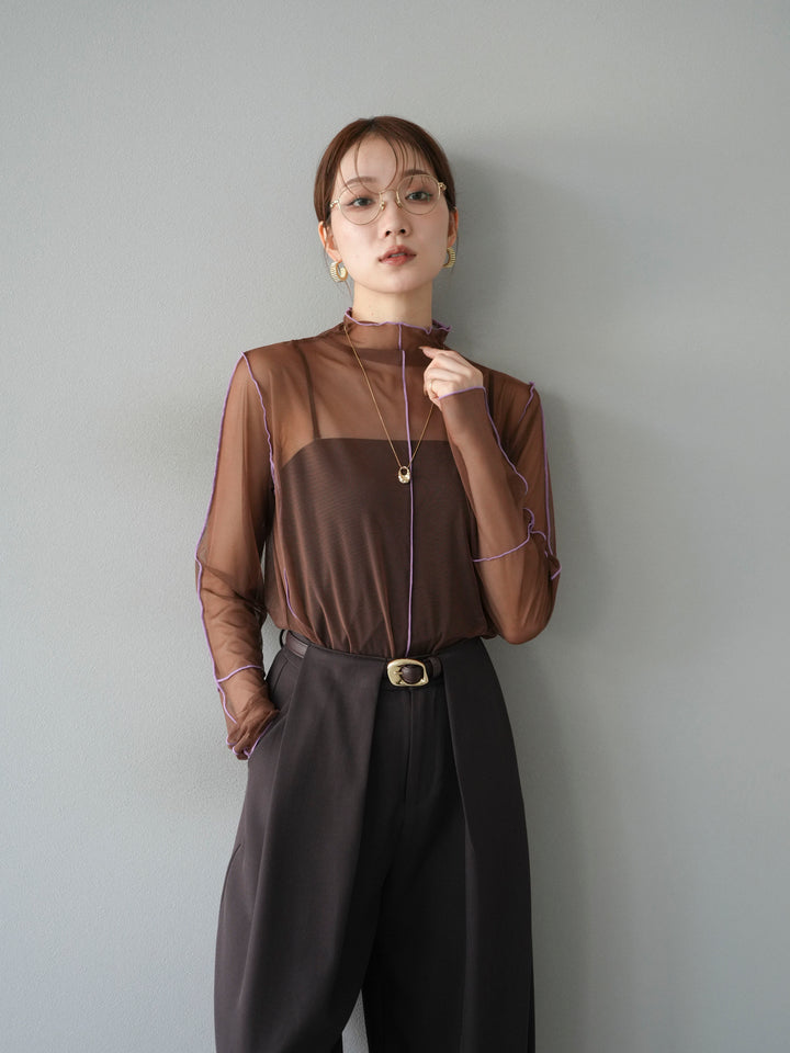 [予約]シアーパイピングカットソー/ダークブラウン×ラベンダー