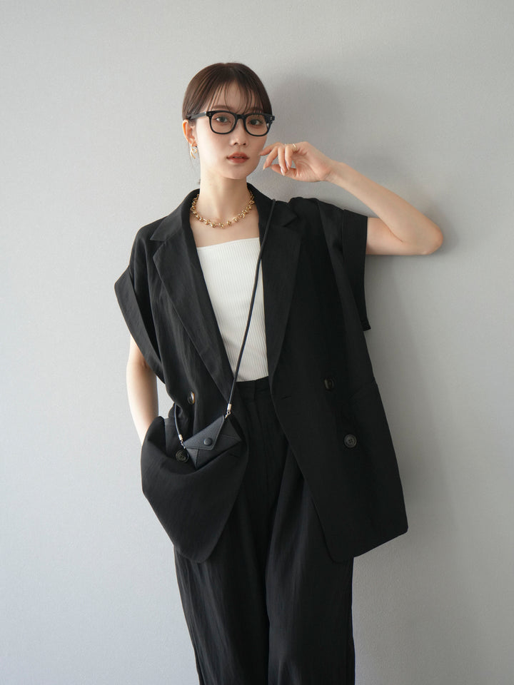 [套裝] 亞麻風格無袖雙背心 + 雙肩帶剪裁羅紋胸罩吊帶背心（2 件套）