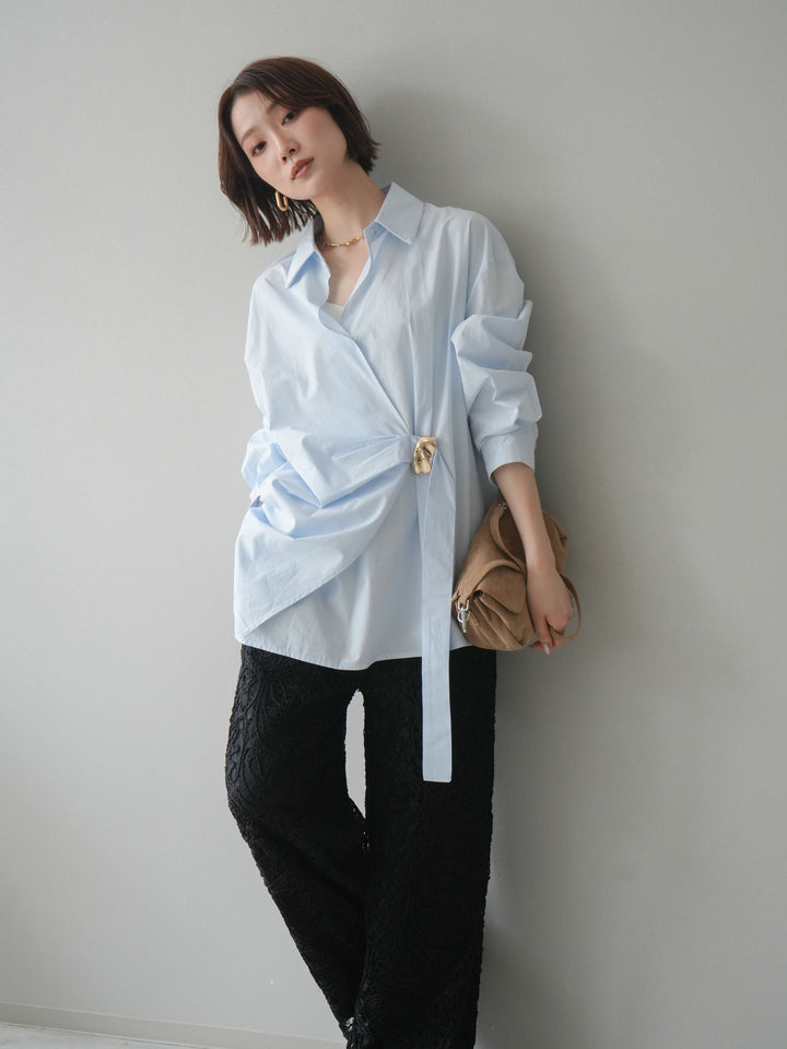 [SET]メタルパーツドレープシャツ+シアーコードレースイージーパンツ(2set)