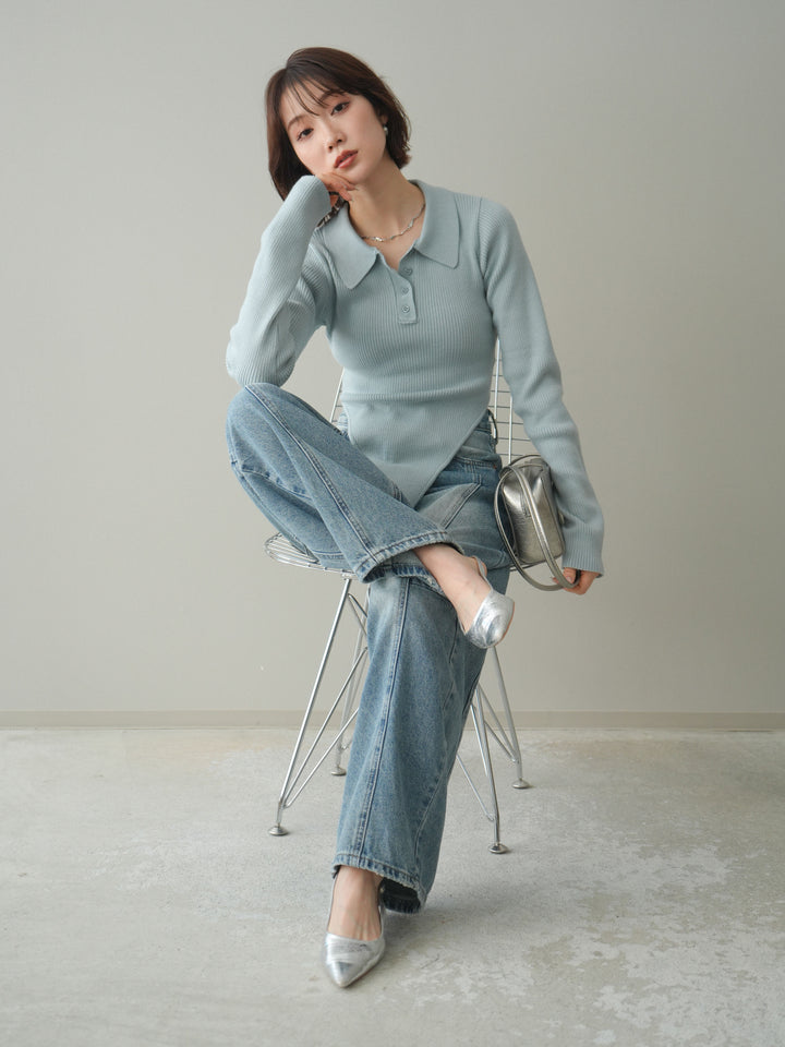 [予約]リブポロニットボディスーツ/blue