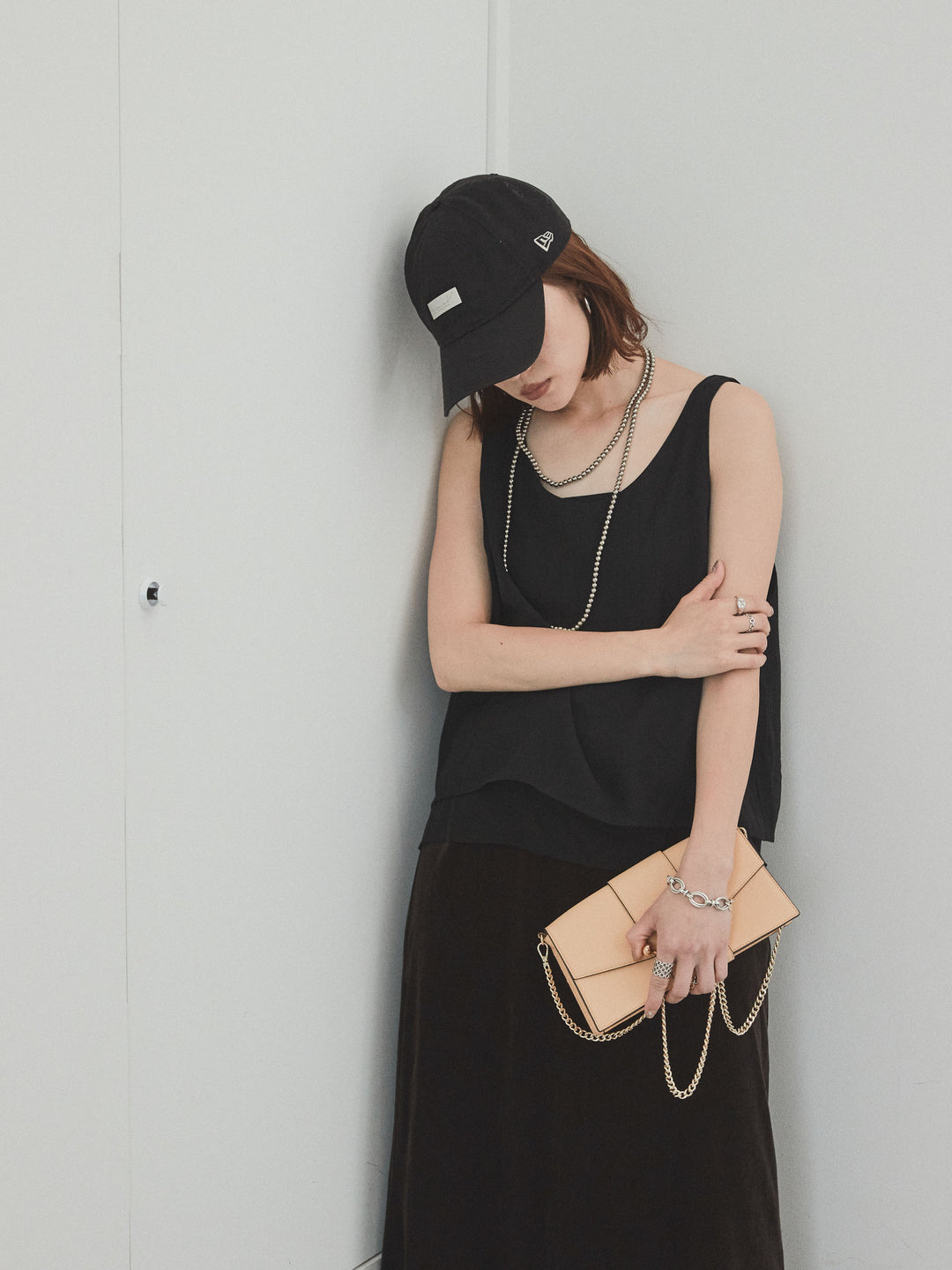 [SET]ワッシャーサテンシアーレイヤードタンクトップ+ベロアナロースカート(2set)