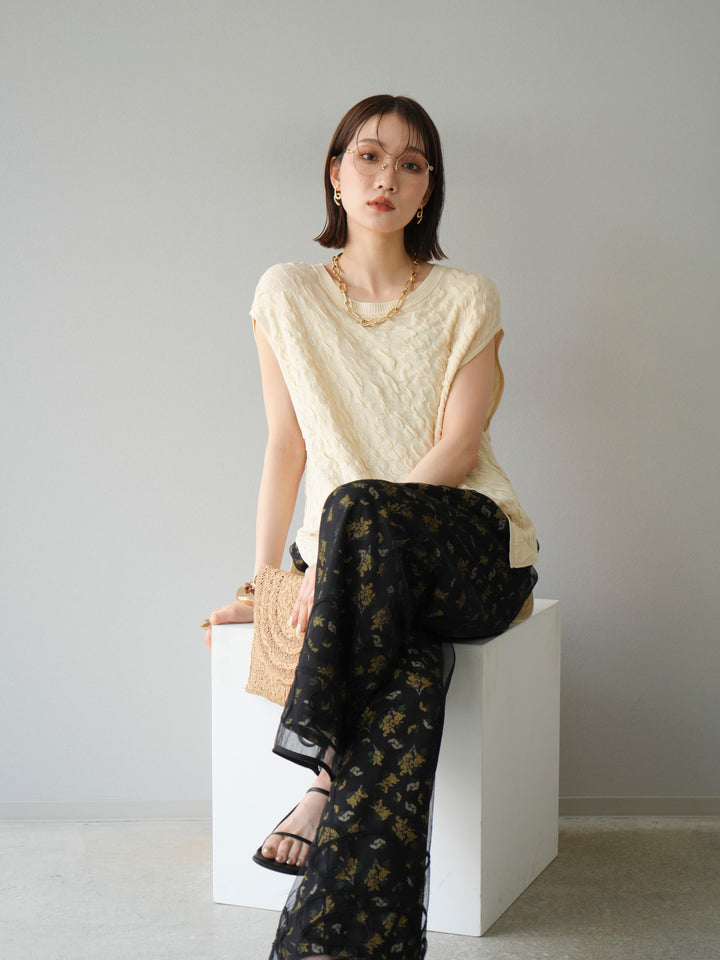 [SET]ポコポコノースリーブニットプルオーバー+コード刺繍チュールレイヤードパンツ(2set)