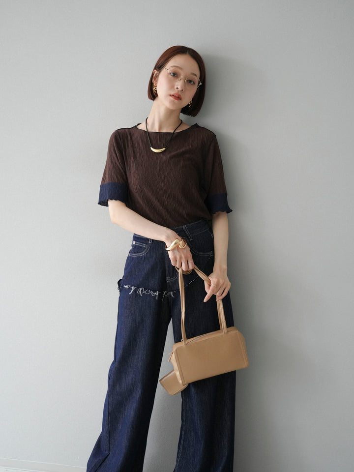 [SET] 百褶同色船領套頭衫 + 臀部設計牛仔褲（2 件組）