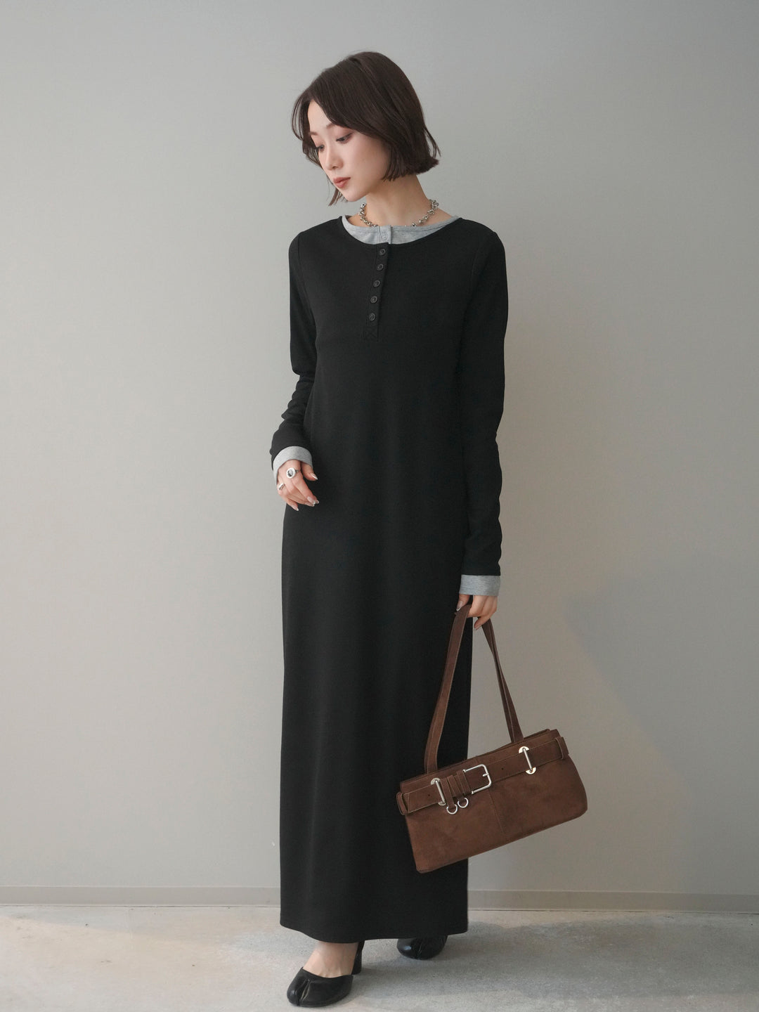 [SET]配色レイヤードヘンリーネックカットリブワンピース+選べるアクセセット(2set)