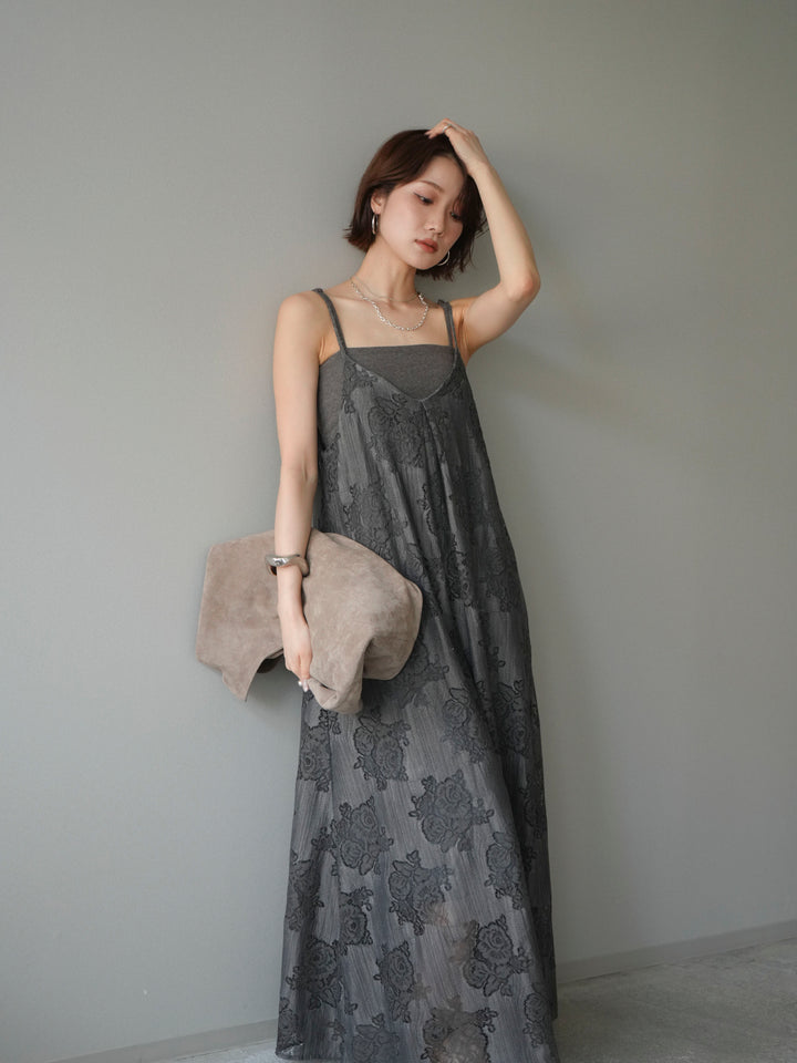 【預購】花朵蕾絲吊帶洋裝 / 灰色