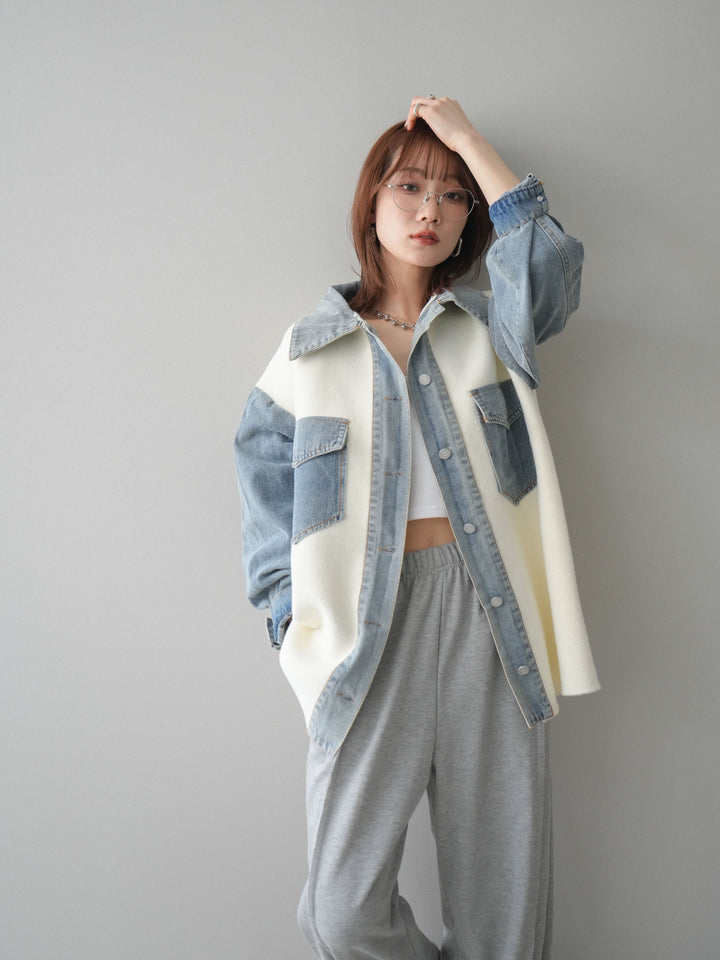 [予約]デニム襟ダブルフェイスニットカーディガン/white