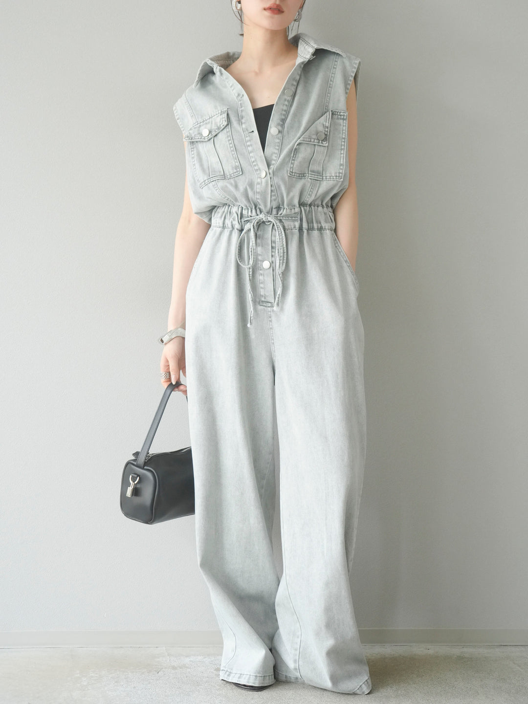 [予約]ポケットデザインデニムオールインワン/グレー