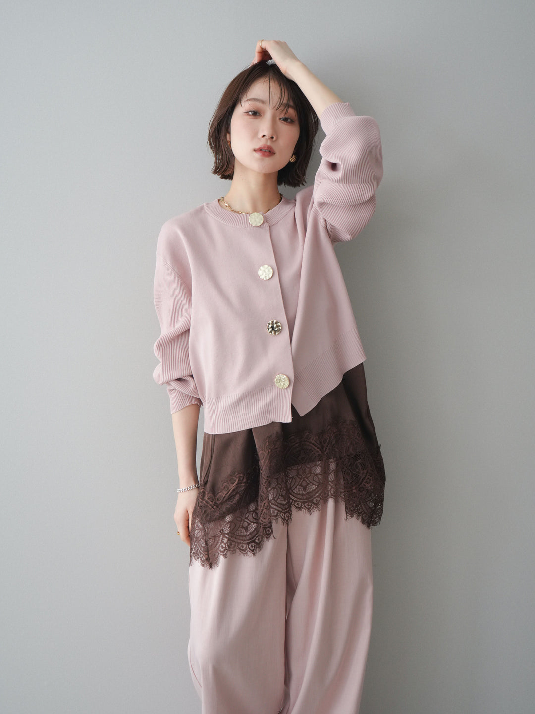 [SET]メタルボタンクルーネックニットカーディガン+選べるアクセセット(2set)