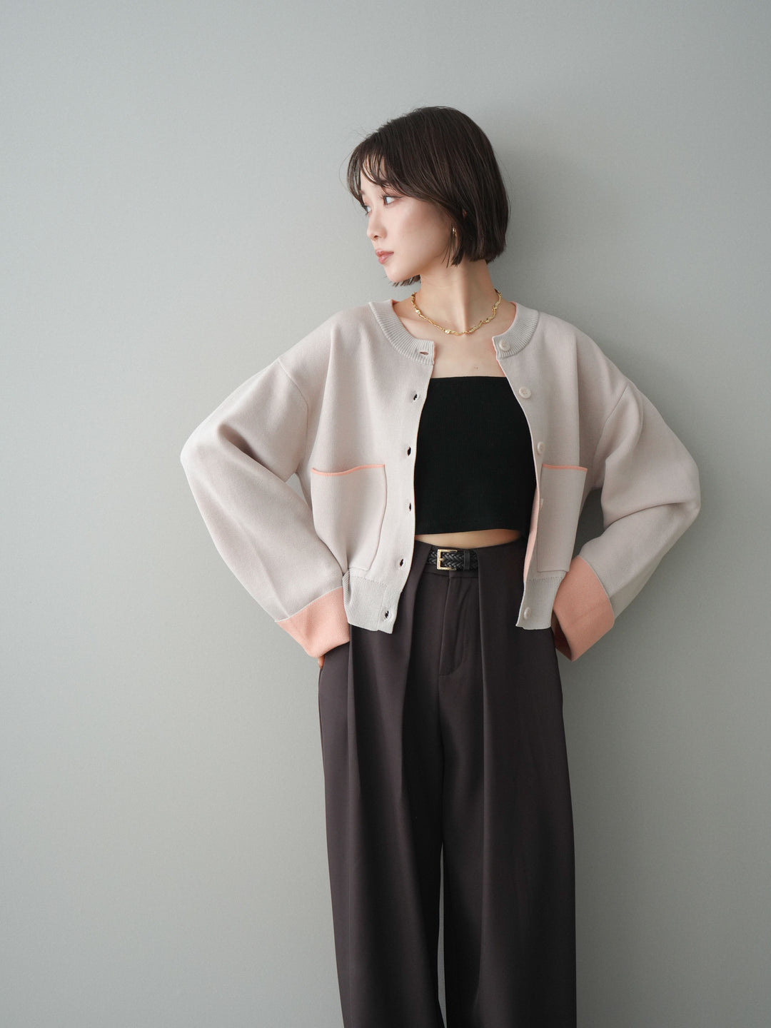 [SET]レーヨンポリダブルフェイスニットカーディガン+ベルトループデザインワイドパンツ(2set)