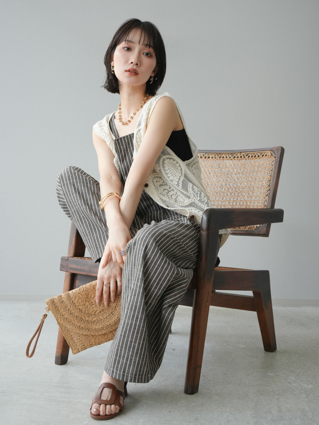 【預購】皮帶設計工裝褲/條紋