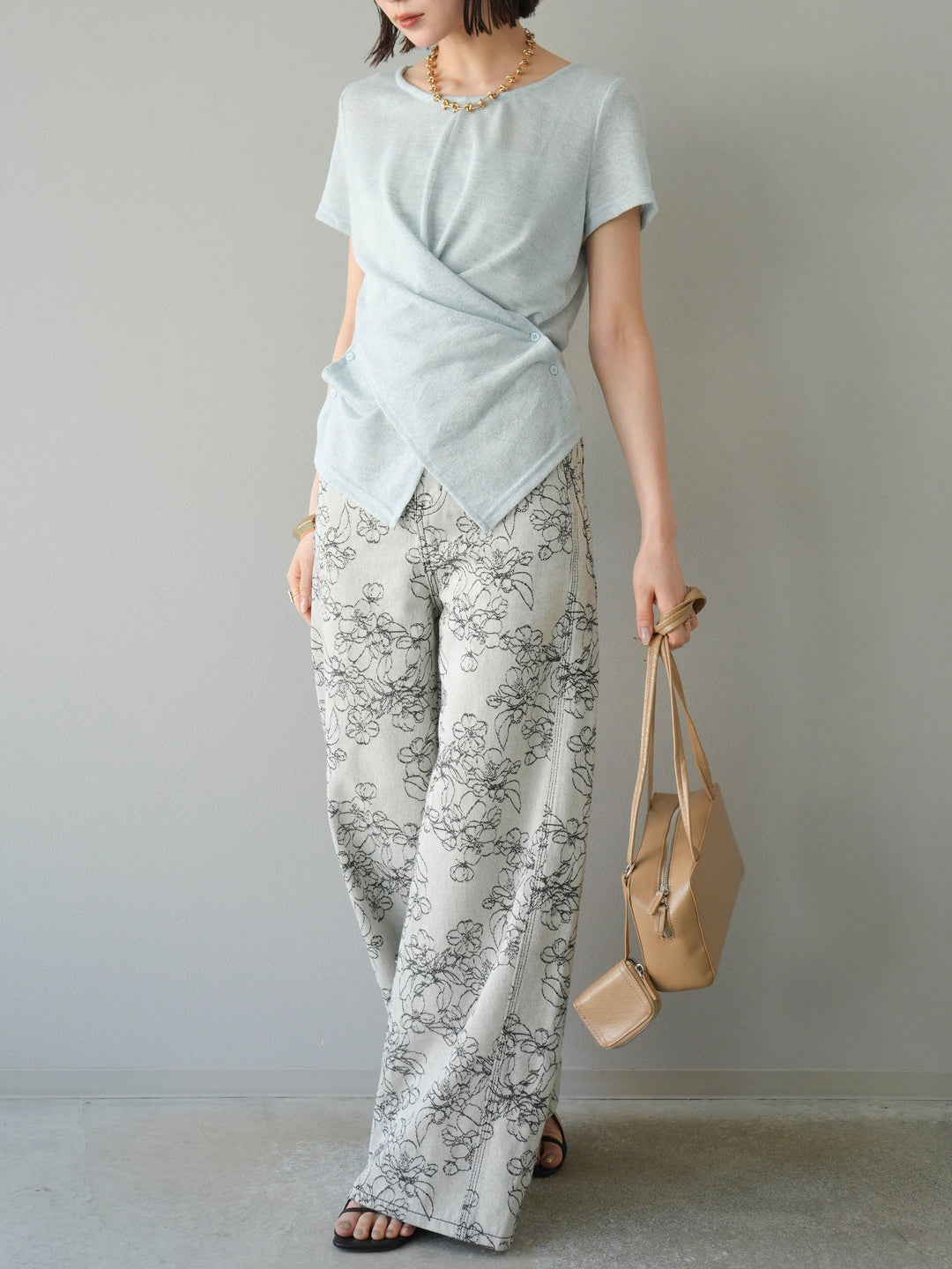 【預購】花朵提花牛仔寬褲/黑