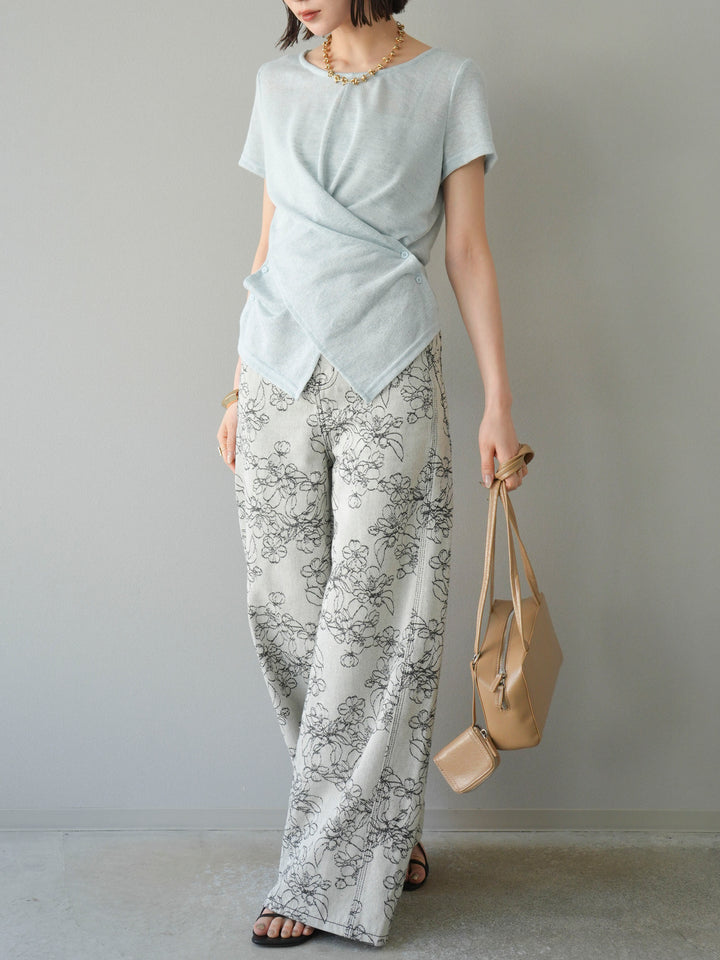 【預購】花朵提花牛仔寬褲/黑