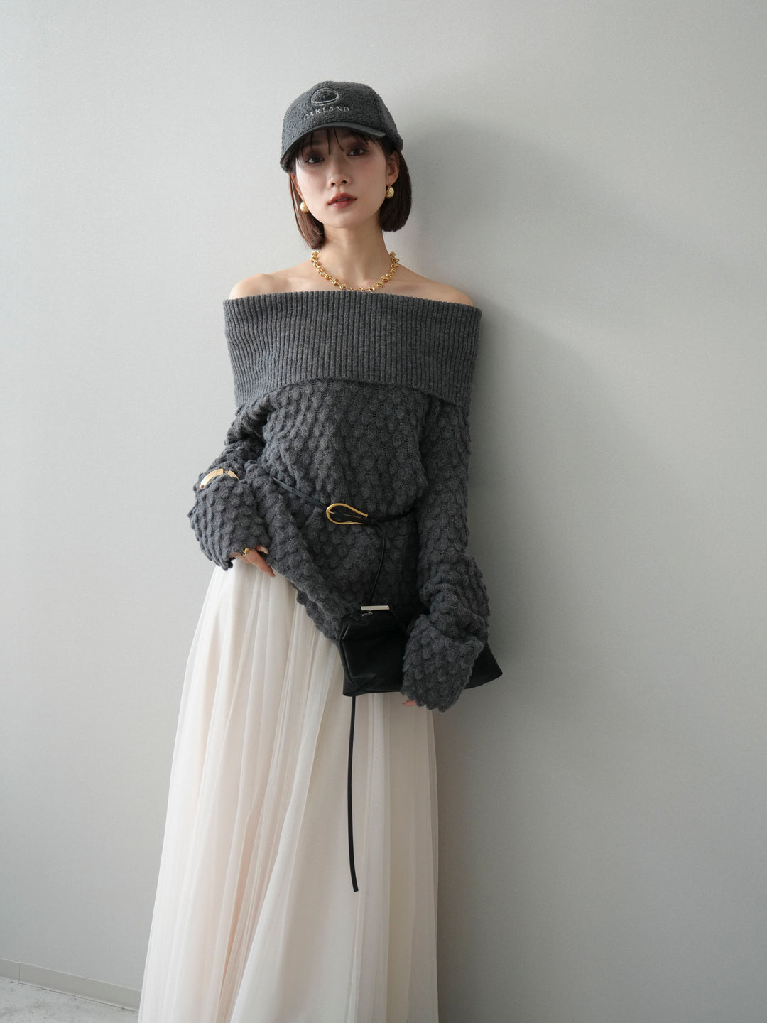 [SET]ポコポコ編みオフショルニットプルオーバー+チュールボリュームスカート(2set)