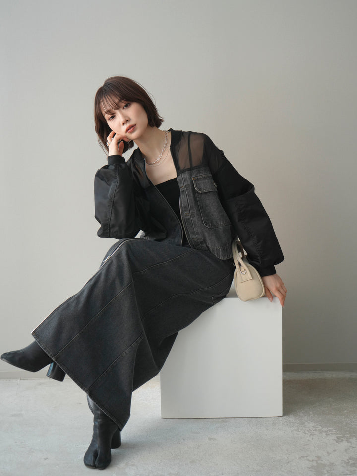 [SET]異素材デニムブルゾン+フロントジップデニムスカート(2set)