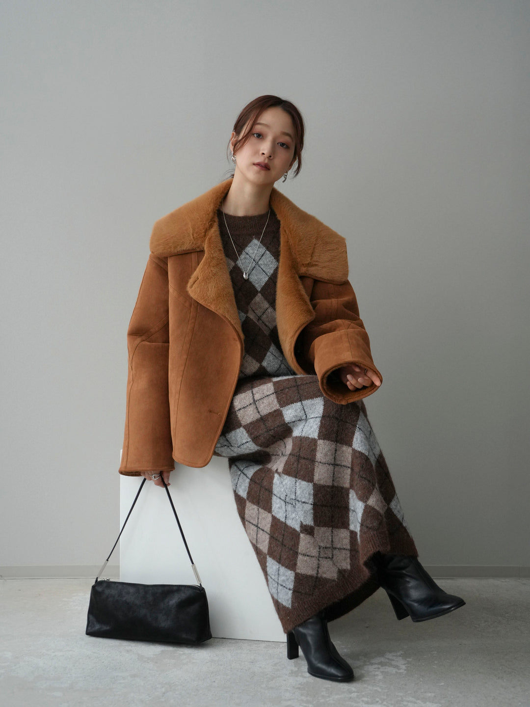 [SET]アーガイルニットプルオーバー&ロングスカートSET UP+ムートンショートジャケット(2set)