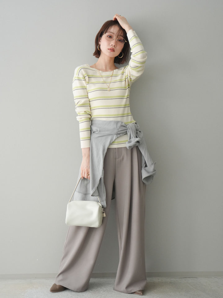 [予約]ウエストバイカラータックワイドパンツ/greige