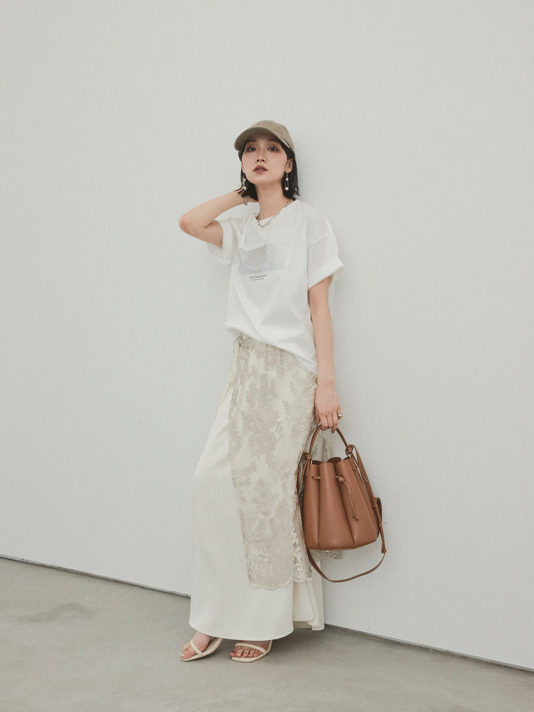 [SET]箔プリントドライタッチコットンTEE +チュールジャガードラップロングスカート(2set)