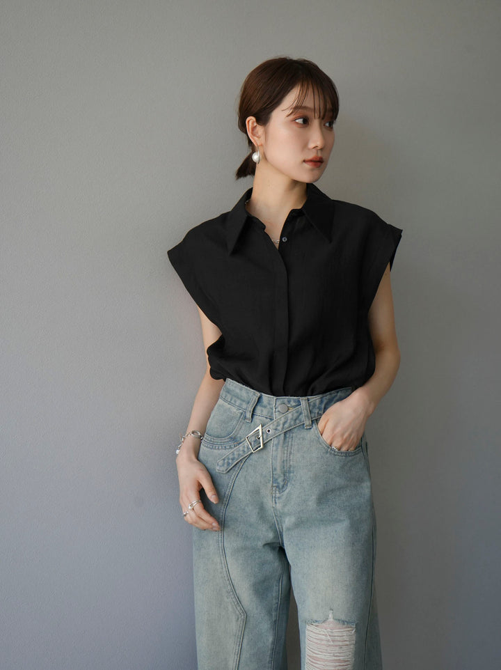 [Pre-order] Tuck shoulder sheer sleeveless shirt/Black