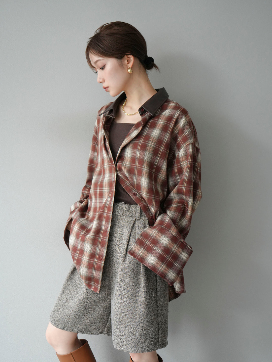 [予約]レザー襟オンブレチェックオーバーシャツ /レッド
