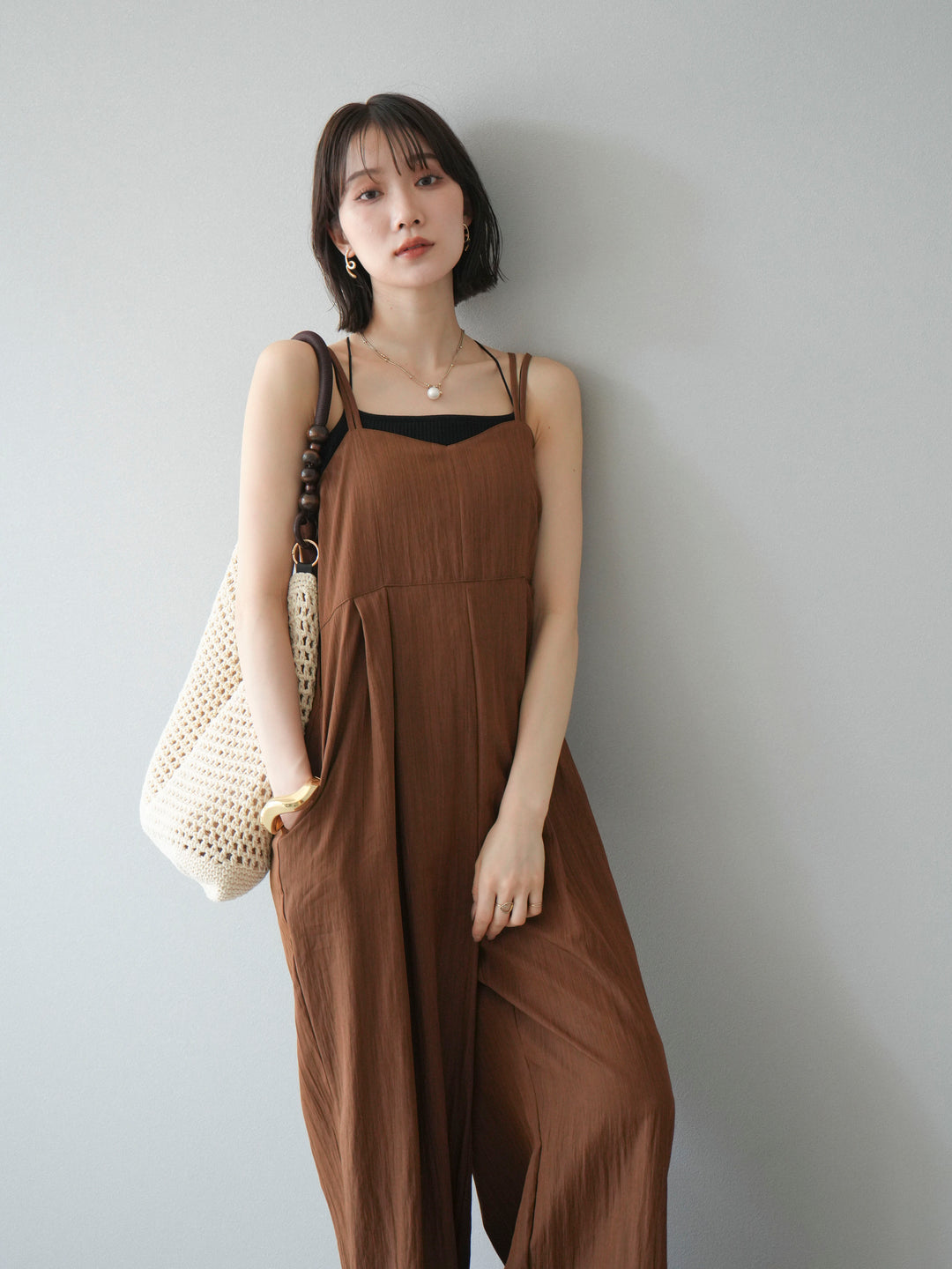 [SET]リネンライクビスチェデザインサロペット+ダブルストラップカットリブブラキャミソール(2set)