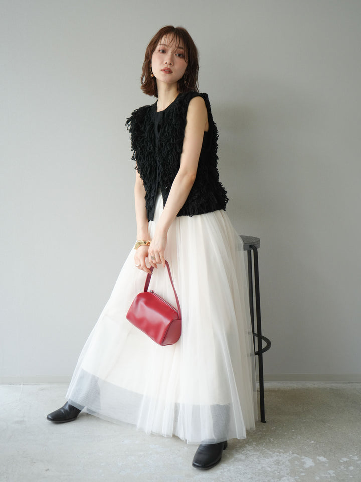 [SET] 前開衩針織背心 + 薄紗蓬鬆裙 (2 件套)