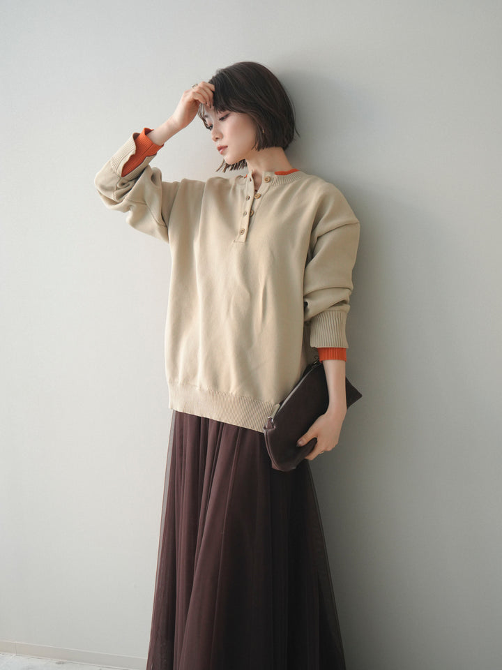 [予約]2WAYネック配色レイヤードニットプルオーバー/beige