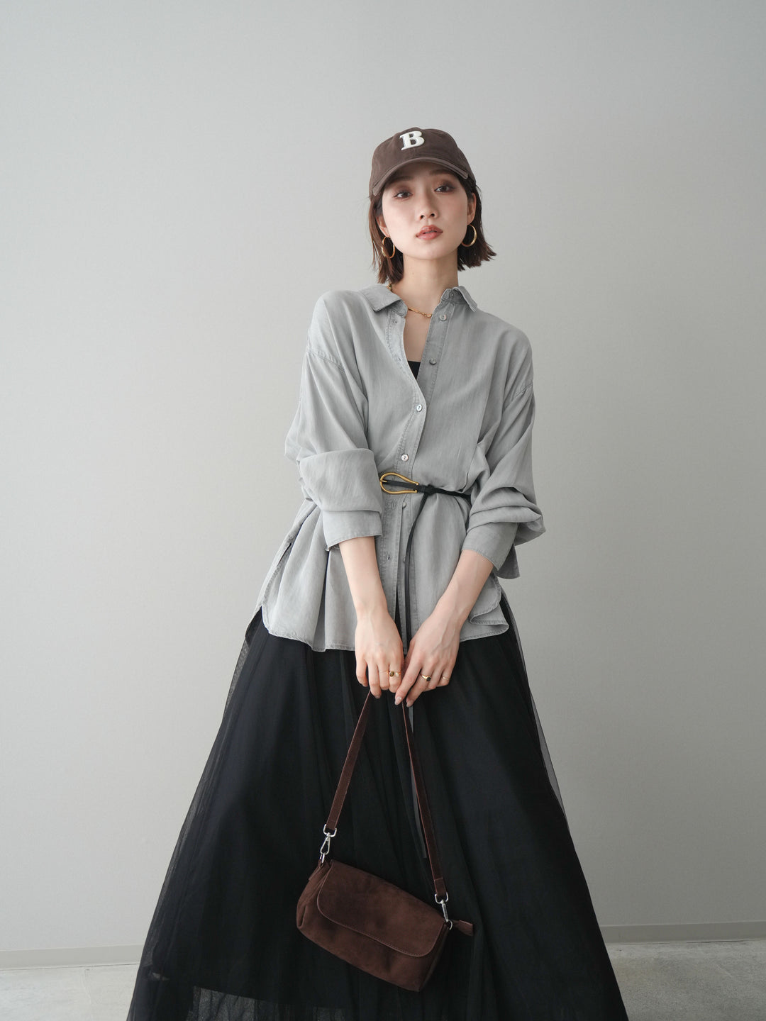 [SET]テンセルデニムタックシャツ+チュールボリュームスカート(2set)