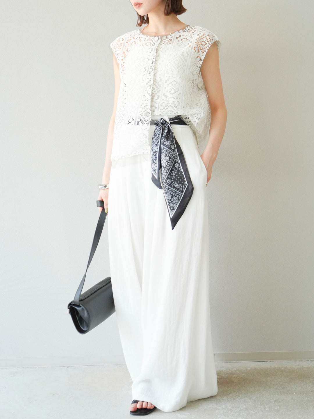 [予約]スカーフベルト付3タックワイドパンツ/オフ