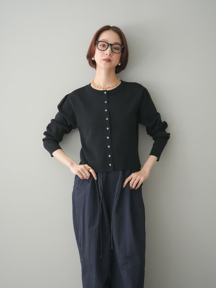 [SET]クリアボタンタックニットカーディガン+ドロストサイドラインナイロンパンツ(2set)