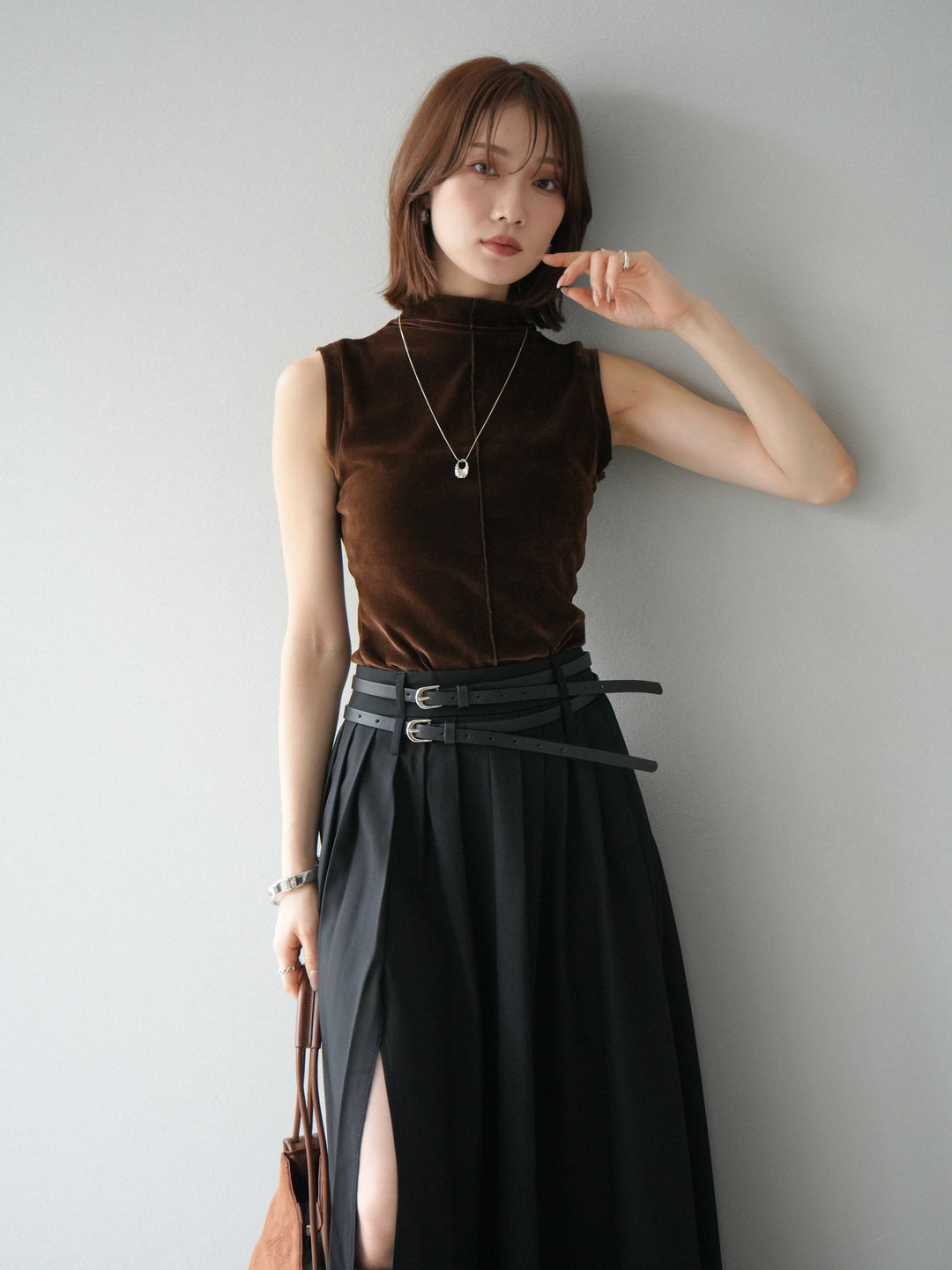 [予約]シアーベロアプチネックノースリーブトップス/ブラウン