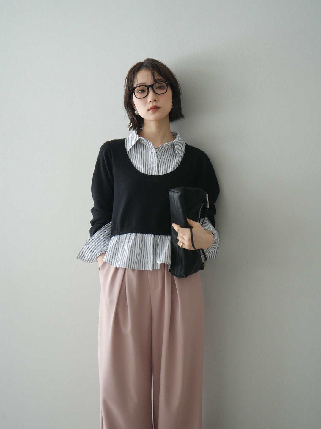 [予約]ストライプシャツUネックドッキングニットプルオーバー/blackoffstripe