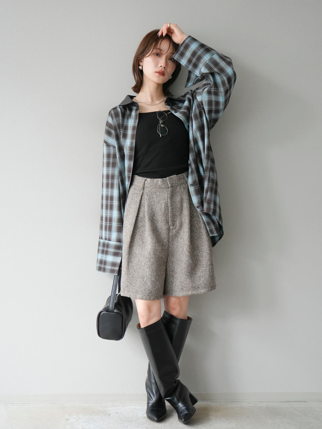 【着回しセット】[SET]レザー襟オンブレチェックオーバーシャツ +クラッシュベロアナロースカート+ツイードハーフパンツ(3set)