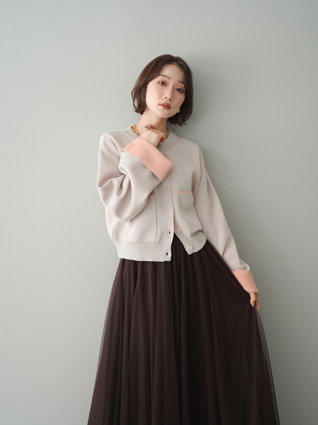 [SET]レーヨンポリダブルフェイスニットカーディガン+チュールボリュームスカート(2set)