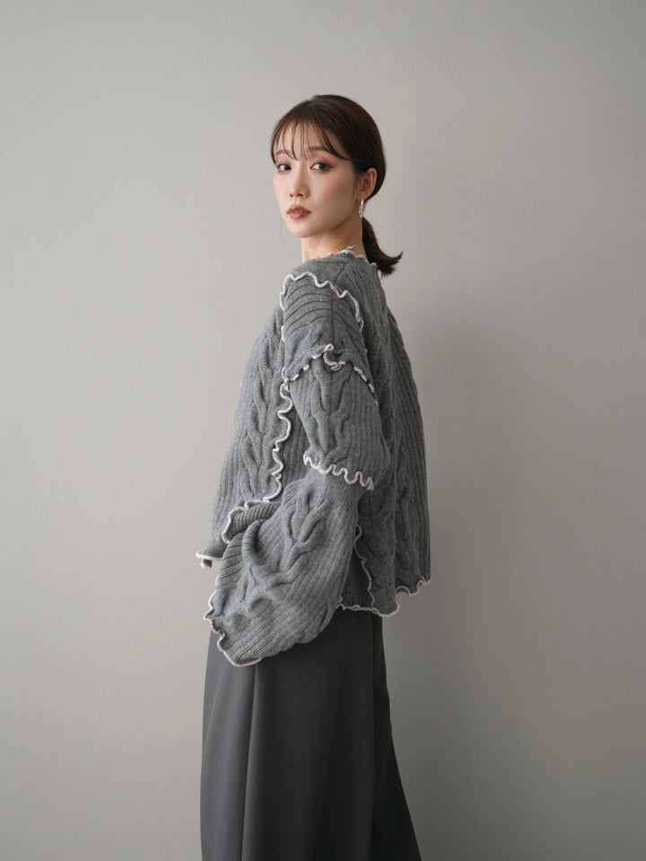 [SET]フロントリボン配色メローニットカーディガン+テープベルトタックバギーパンツ(2set)