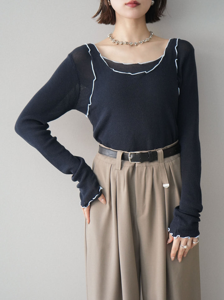 [SET]バイカラーメローアンサンブルシアーニットトップス+ベルト付キーホルダーモチーフワイドパンツ(2set)