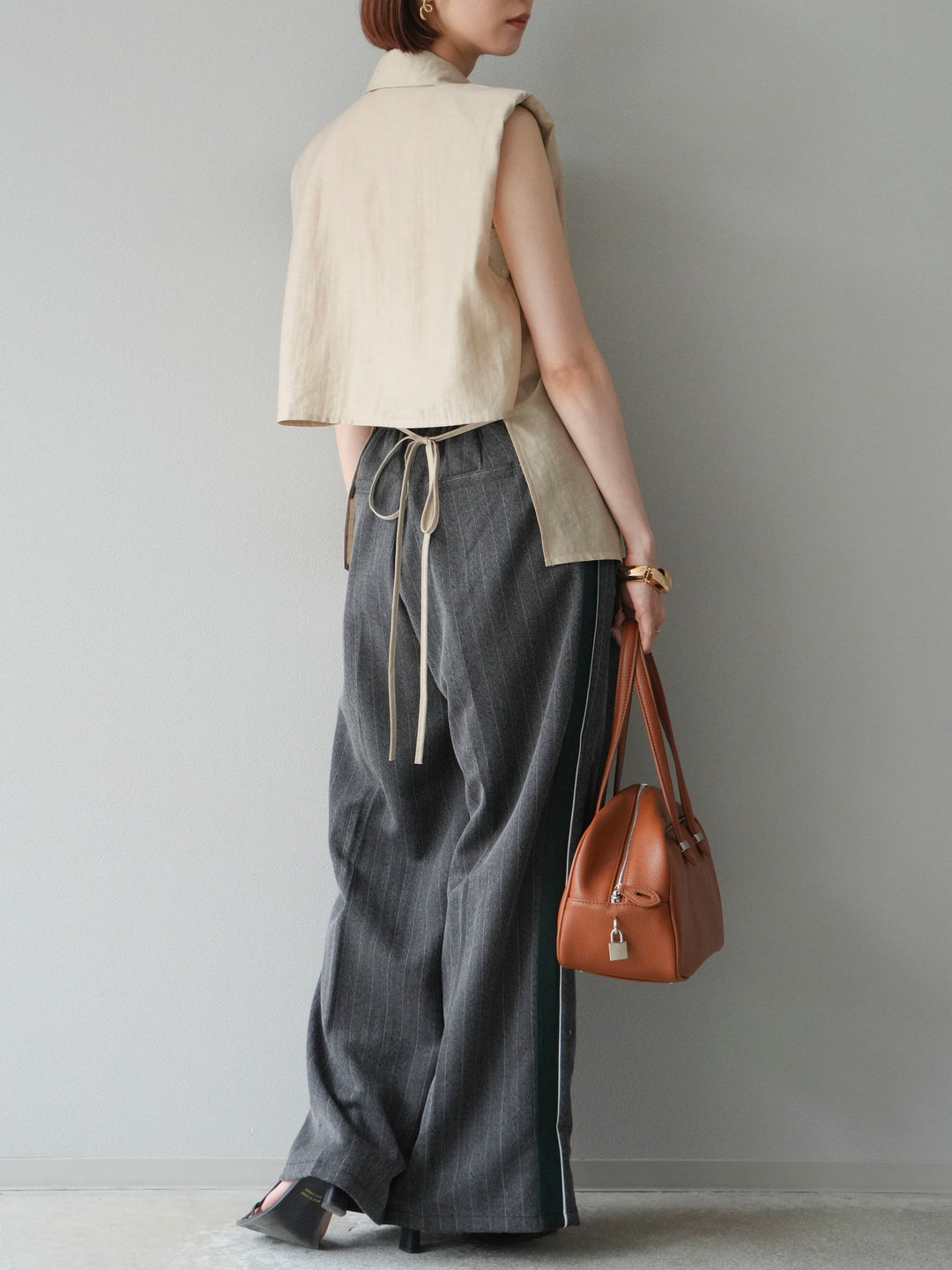 [予約]サイドラインストライプワイドパンツ/チャコール