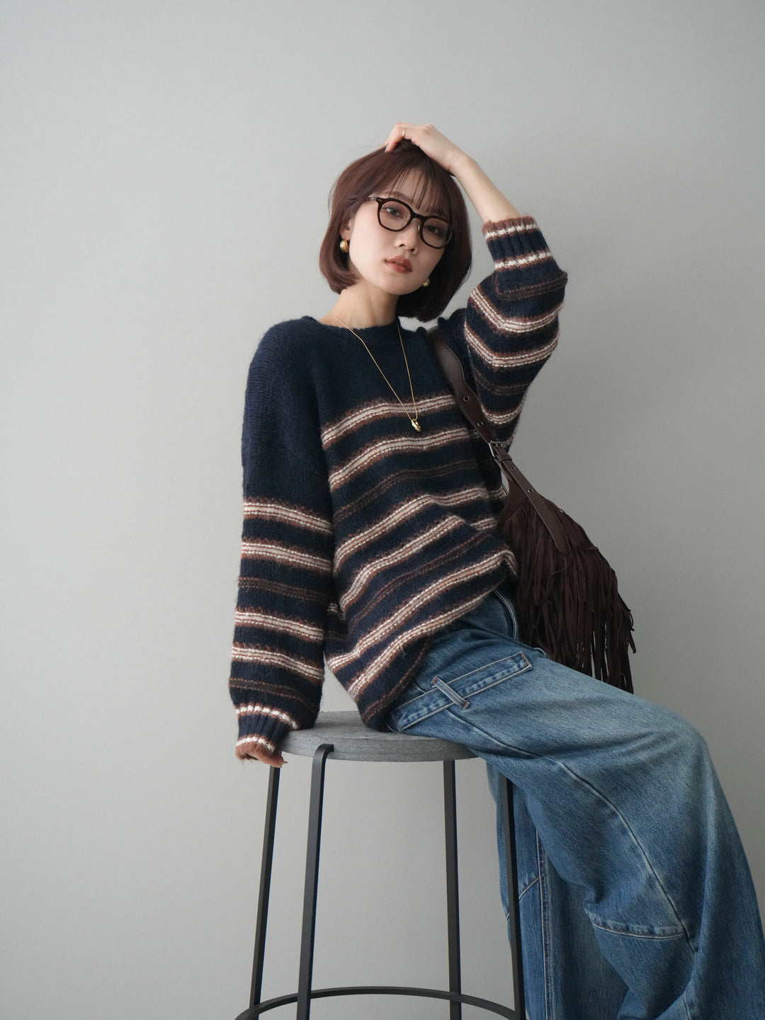 [予約]ステッチボーダーニットプルオーバー/navy