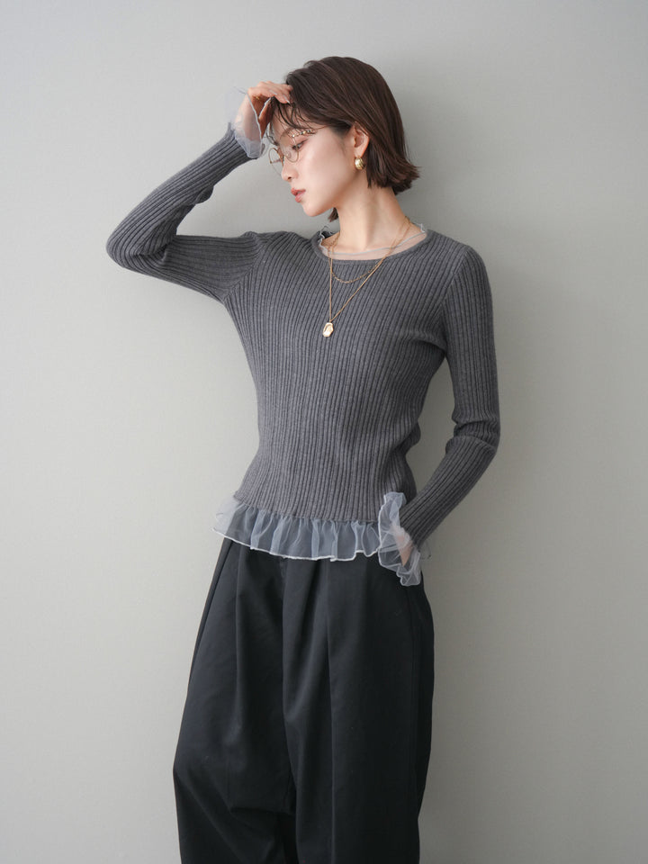 [予約]チュールレイヤードリブニットトップス/gray