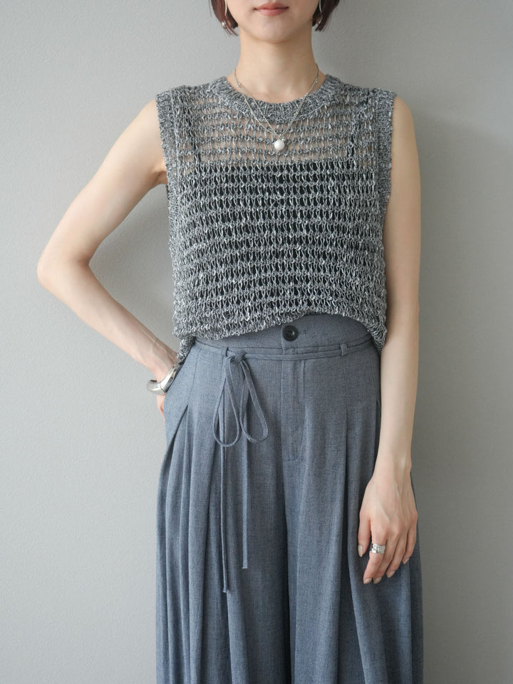 [予約]ミックスヤーン透かし編みニットタンクトップ/ブラック
