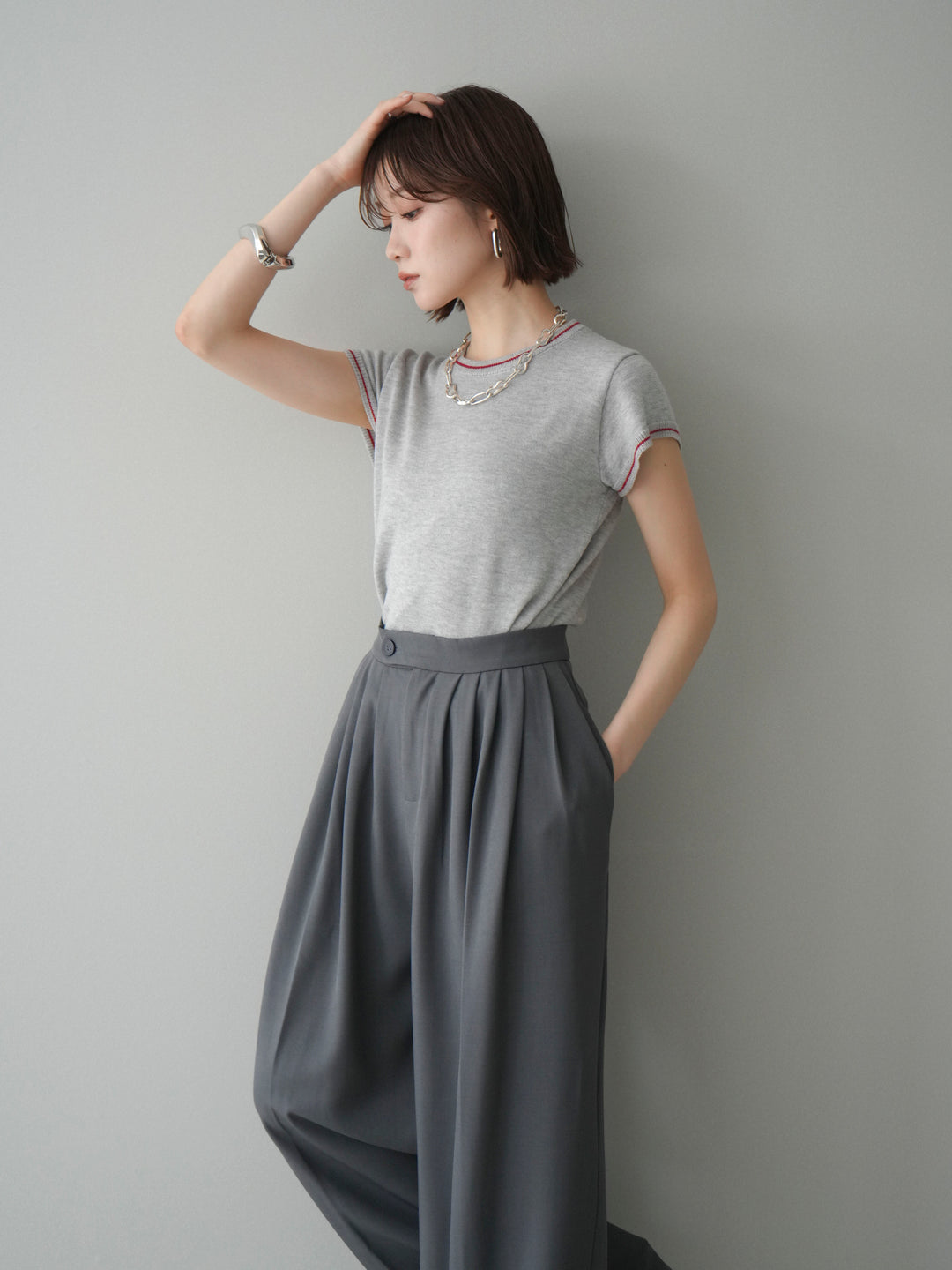 [SET]配色ハーフスリーブニットトップス+配色ハーフスリーブニットトップス(2set)