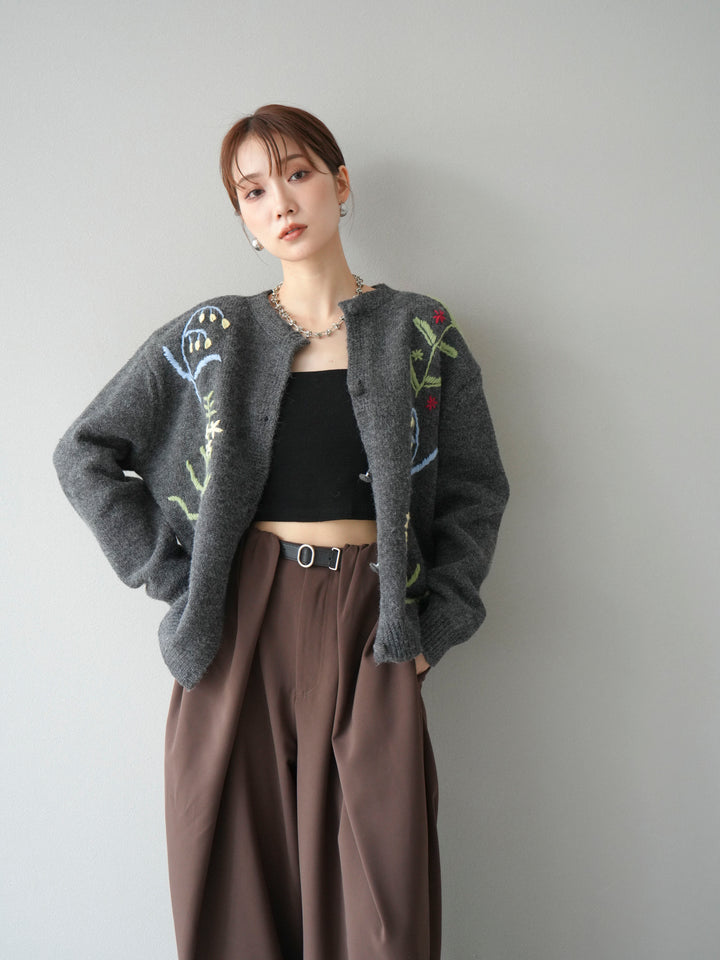 [SET]フラワー刺繍ニットカーディガン+ベルト付タックワイドパンツ(2set)