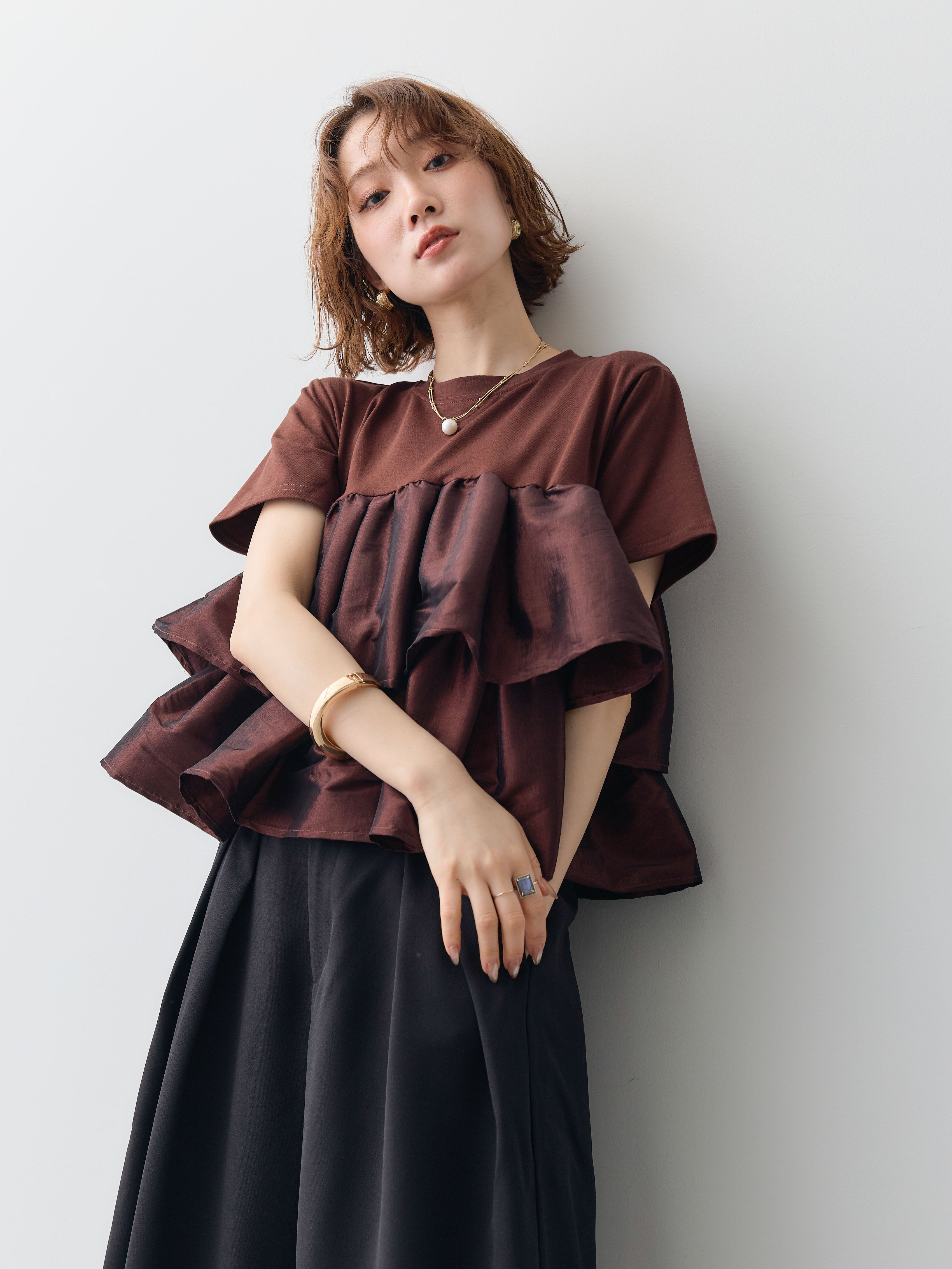 SET]フリルティアードTEE+クレープデシンタックワイドパンツ(2set