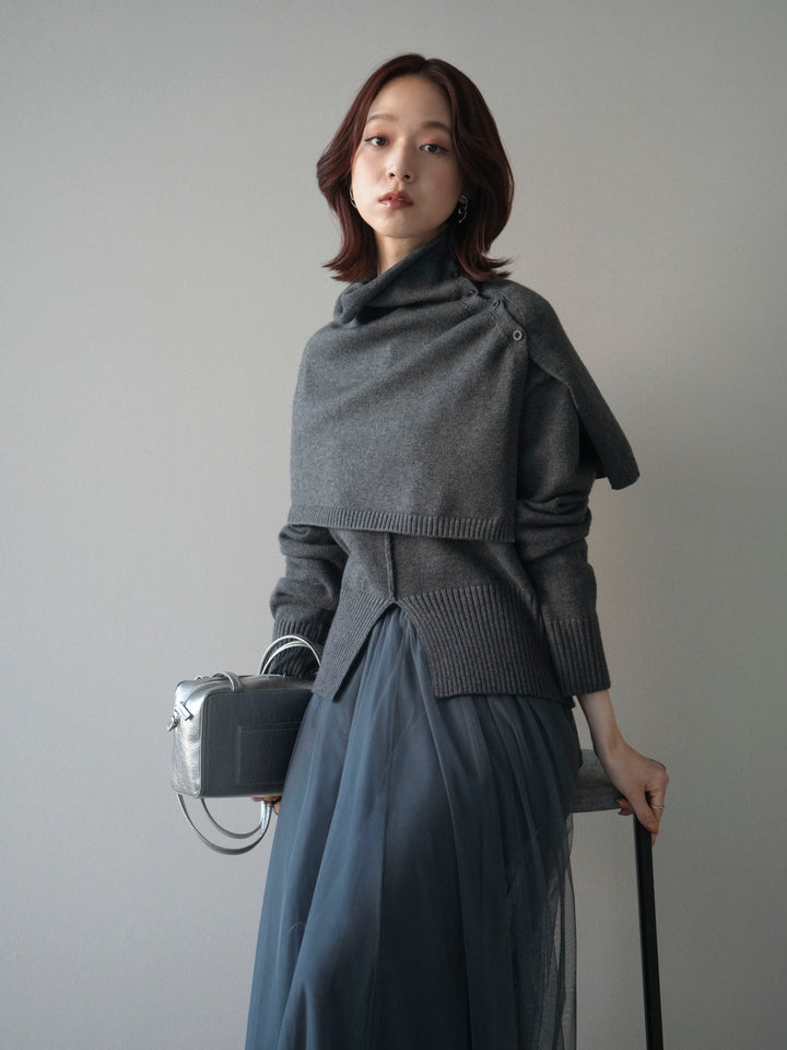 [予約]フロントスリットネックアンサンブルニット/charcoal