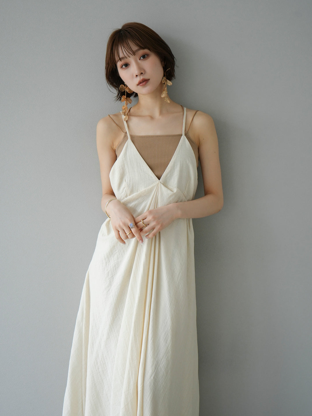 [Pre-order] Linen-touch cache-coeur camisole dress/ivory