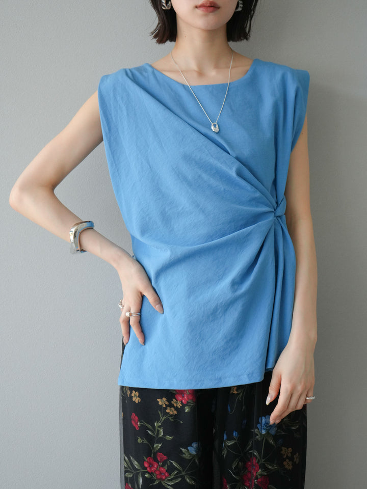 [SET] 側扭法式上衣+植物圖案休閒褲+繩繡薄紗疊穿褲（3件套裝）