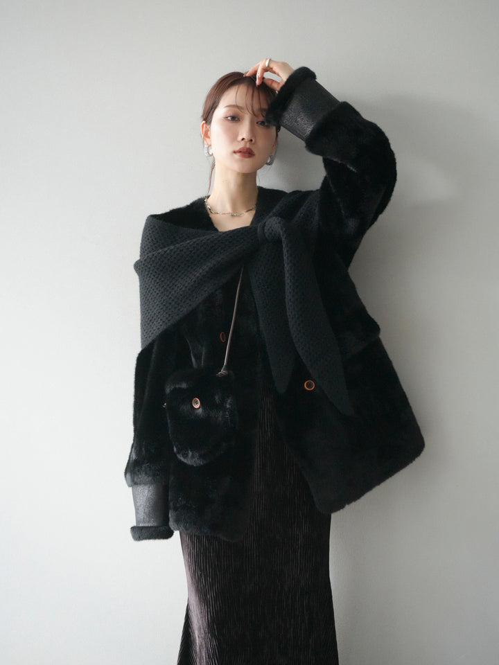 [SET]バッグ付エコファーノーカラーコート+選べるアクセセット(2set)